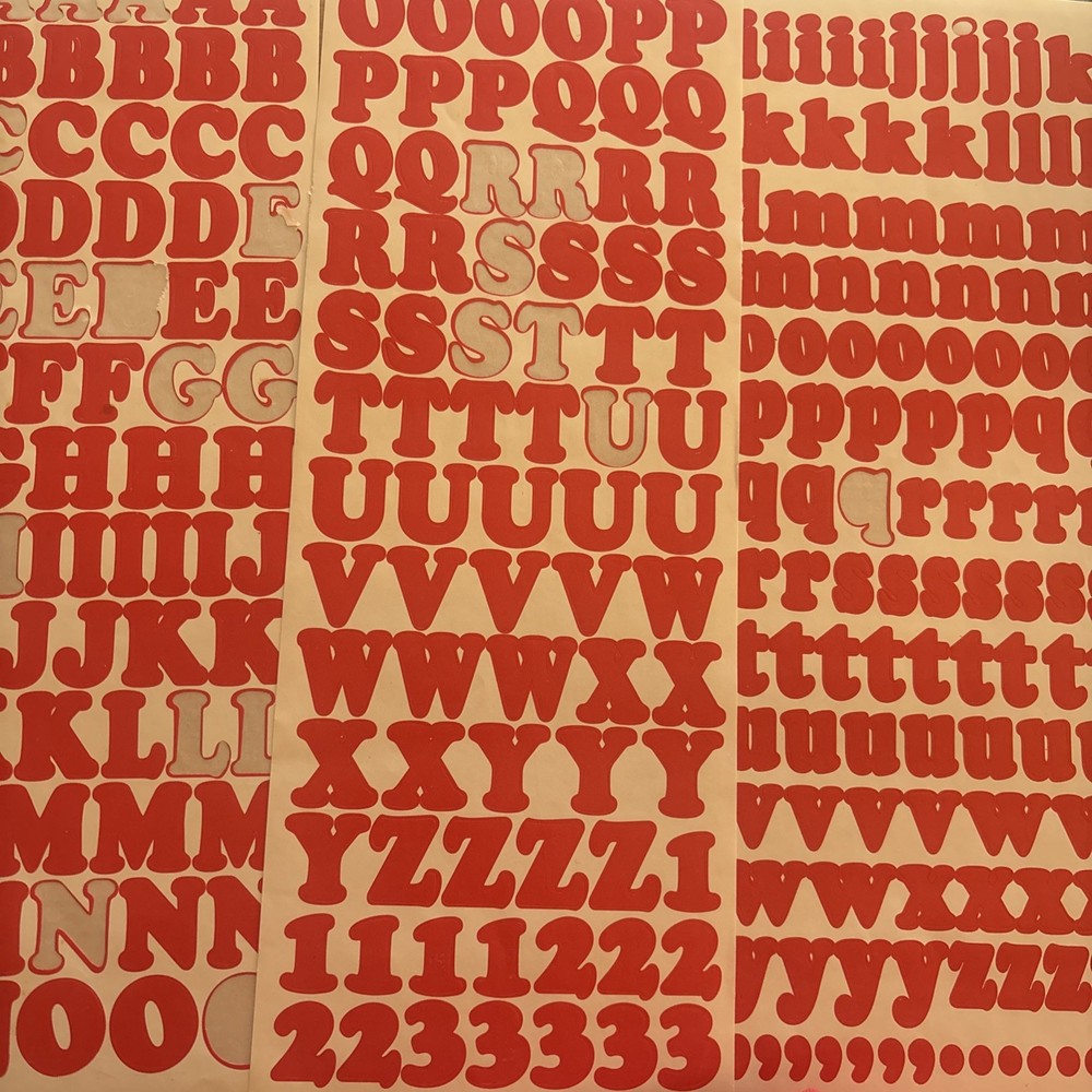 Vtg Red Alphabet Stickers 4 Sheets Used Capital Lower Case Numbers Exclamation