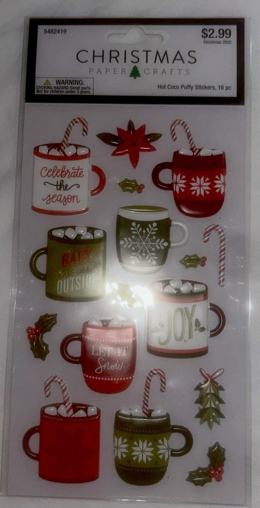 18 HL Christmas Paper Crafts Hot Cocoa Puffy Sticker Packs