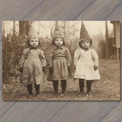 STICKER Children with Cone Hats Standing Outdoors Rustic Clothing Scene Kids