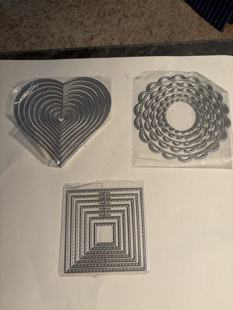 Metal Silver Set Of 3 Die Cuts. Heart, Square And Circle Shapes 22 Die Cuts. New