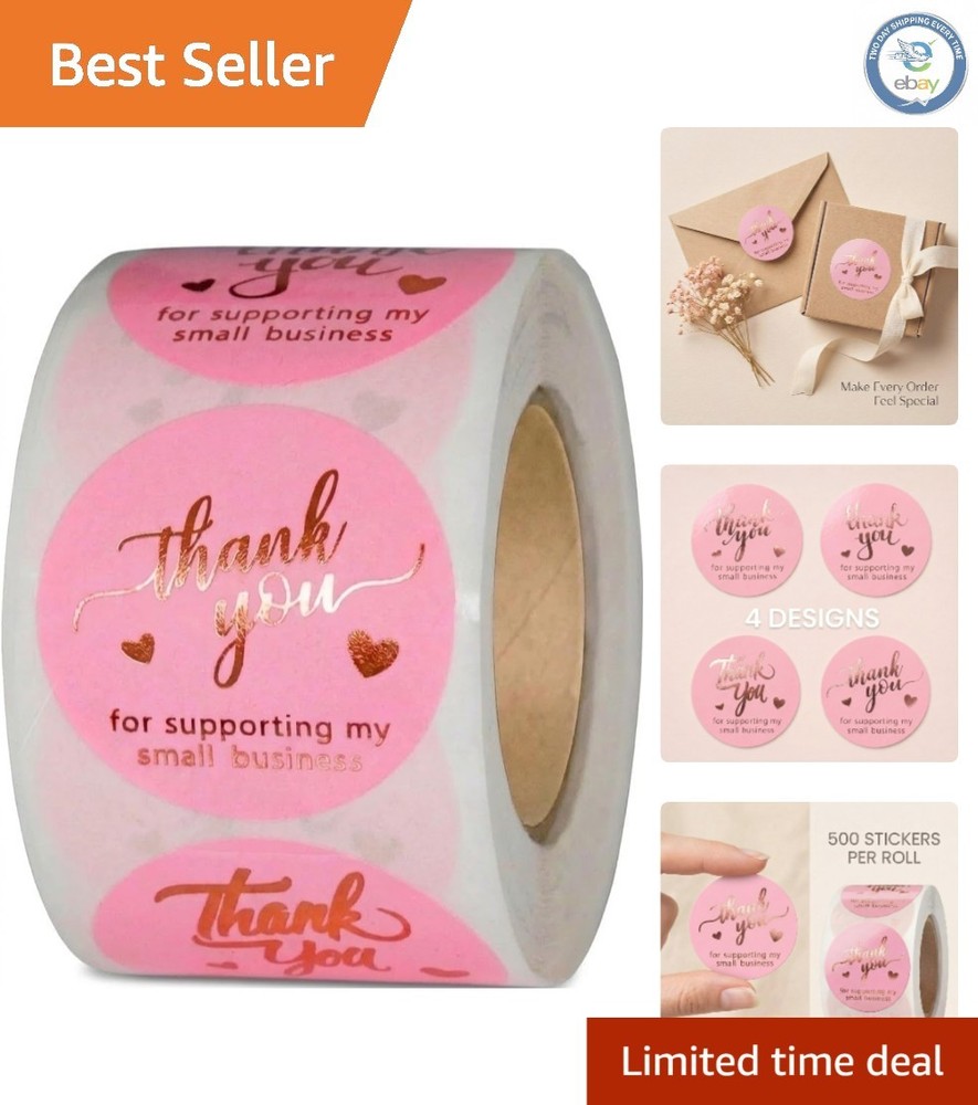 Self-Adhesive 1.5 Inch Pink & Rose Gold Thank You Stickers for Small Business