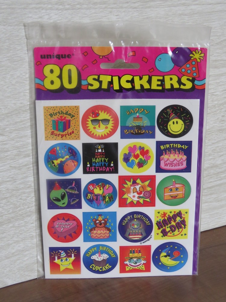 VTG 90s Unique Brand 80 Stickers 4 Sheets Happy Birthday Stickers Alien Clown