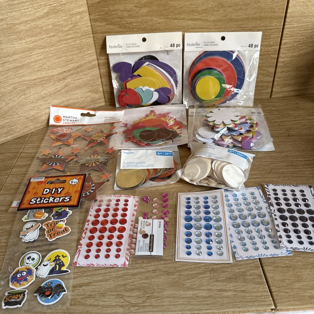 Scrapbooking Embellishments Assortment, Bling Stickers, Die Cut Shapes Wood