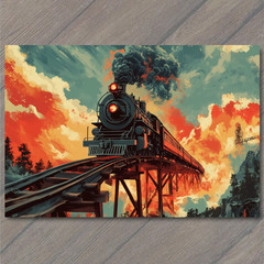 STICKER Steam Locomotive Train Bridge Explosive Sunset Sky Railroad Smoke Stac