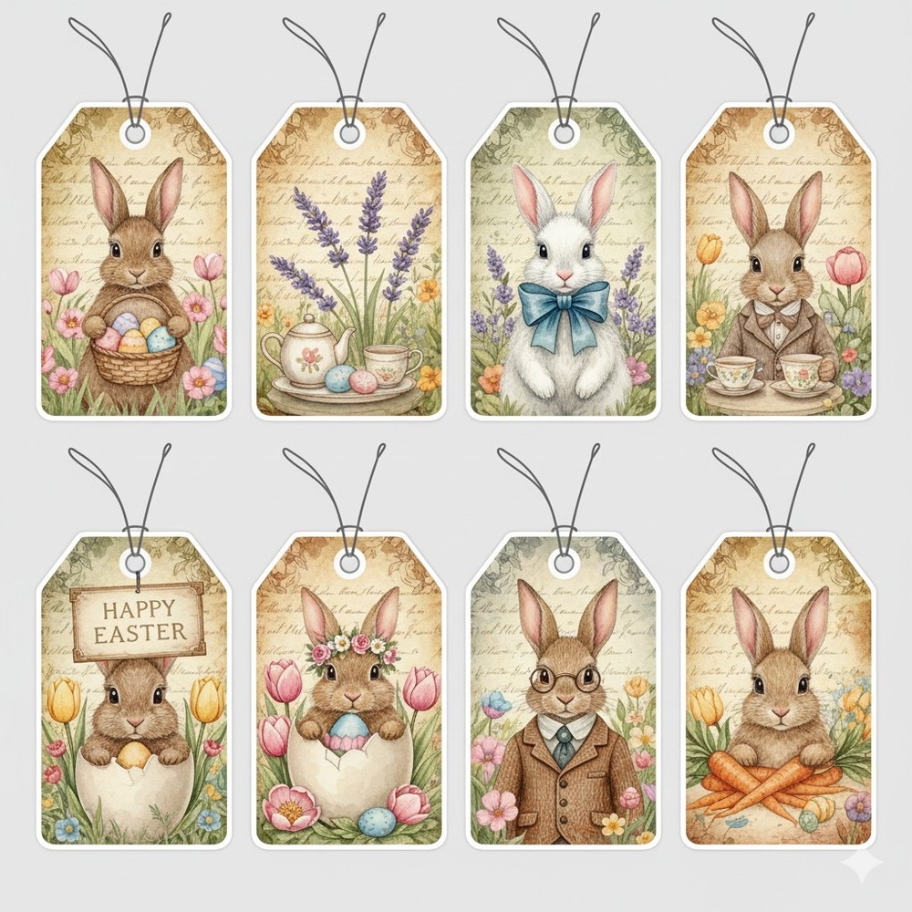 Choose ASet Bunny Rabbit Easter Tags Embellishments Junk Journal Scrapbook