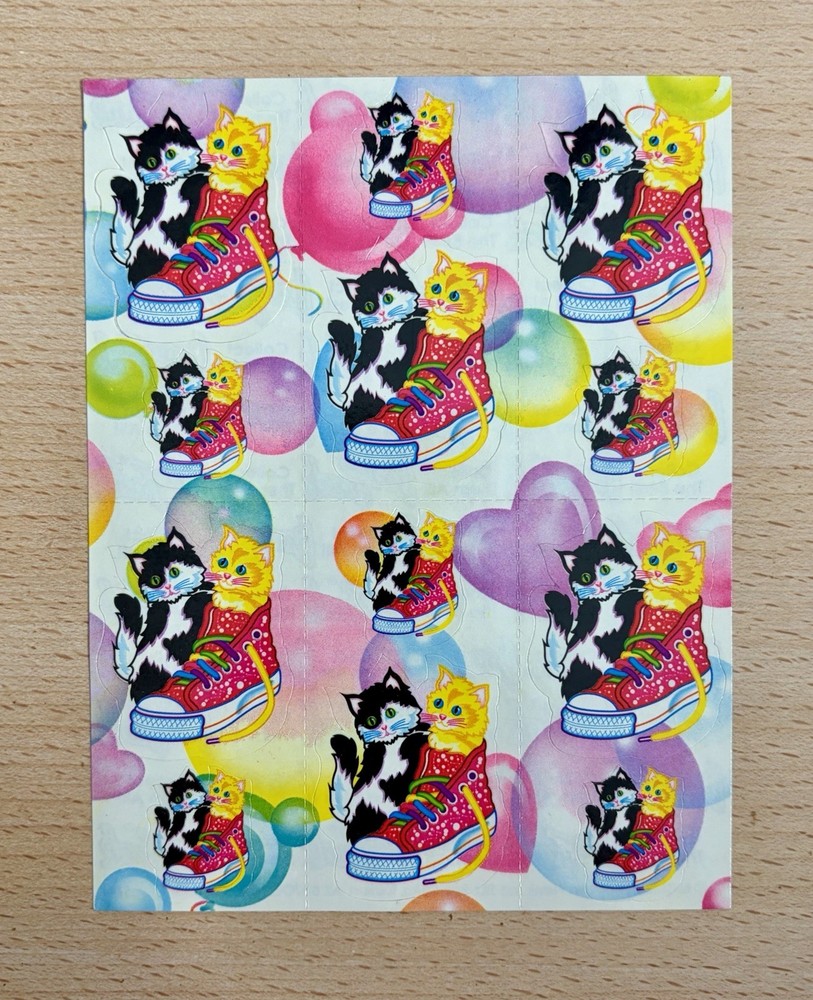 VINTAGE Lisa Frank Sticker Sheet – Kittens in Shoe with Bubbles & Balloons S144