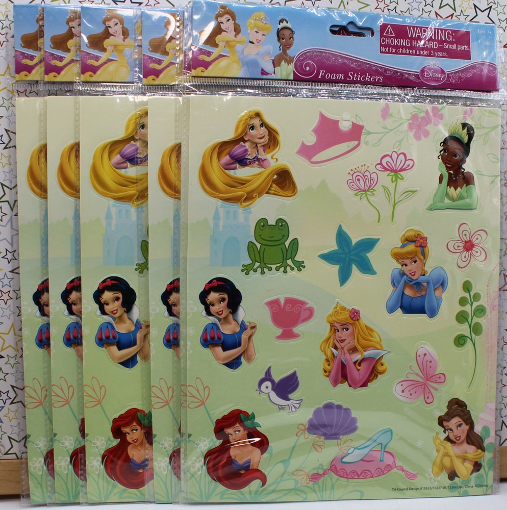 VINTAGE DISNEY PRINCESSES FOAM STICKERS LOT – 6 SHEETS SEALED