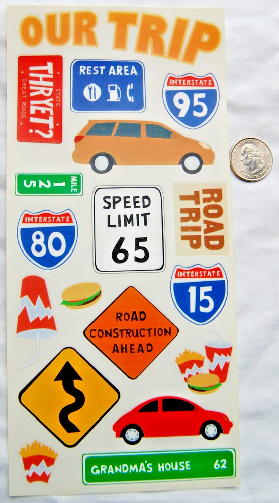 ROAD TRIP stickers street signs traffic car fries burger speed limit route 95 80
