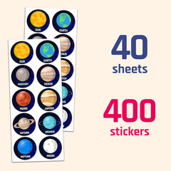 40 Sheets Space Planet Stickers Set – 400 Stickers, 1.5 Inch Size