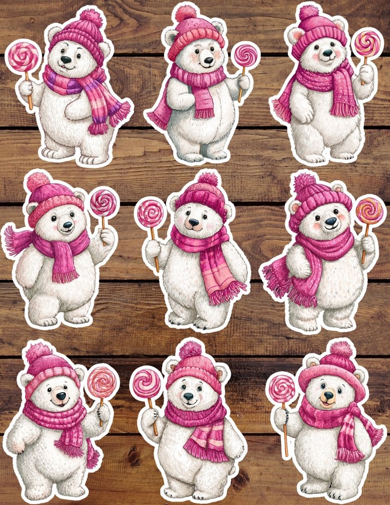 Lollipop Polar Bear Die Cut Vinyl Stickers Set Scrapbooking Laptop Water Bottle