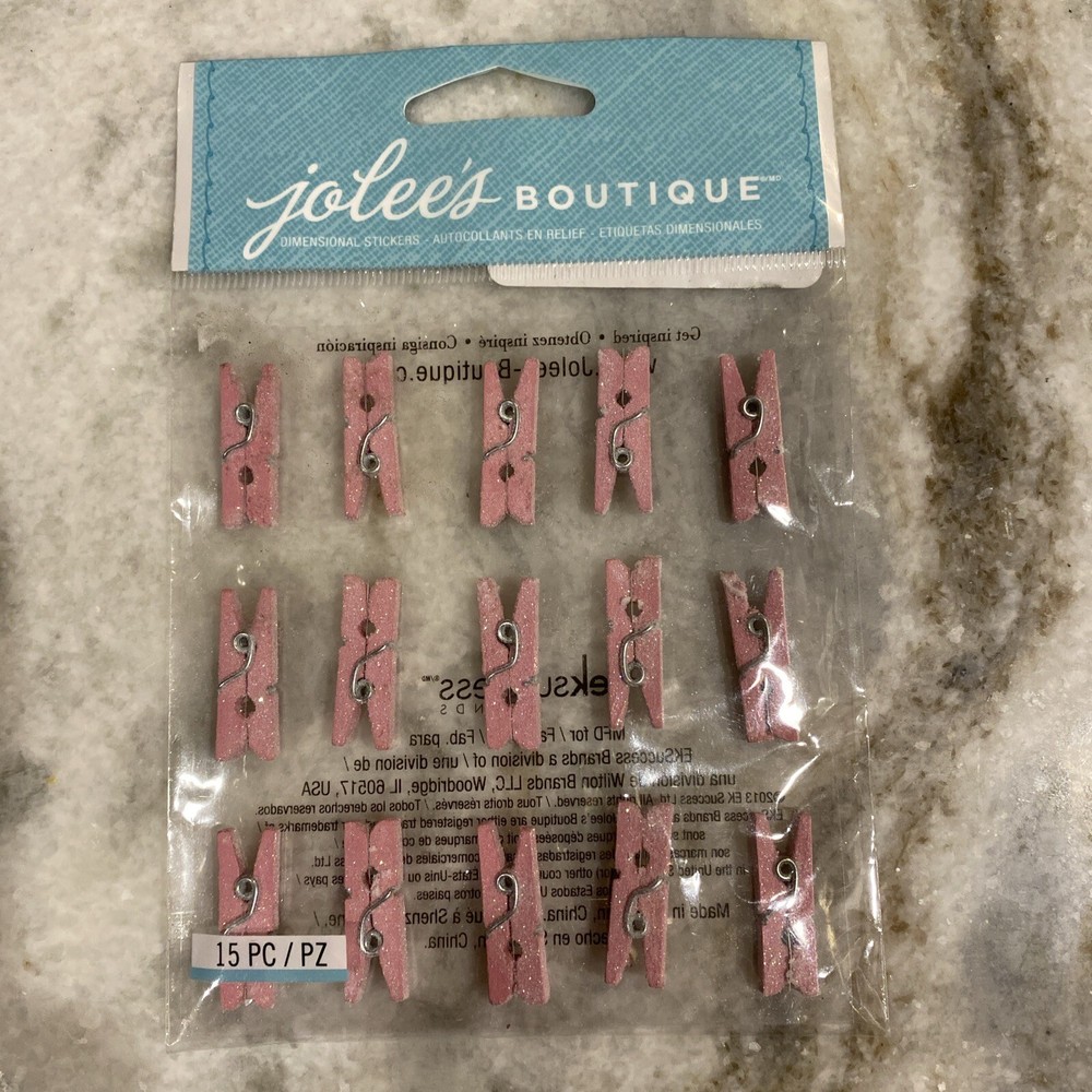 Jolee’s Pink Sparkly Clothespins Clips Scrapbooking Card Stickers 15 Pieces NEW