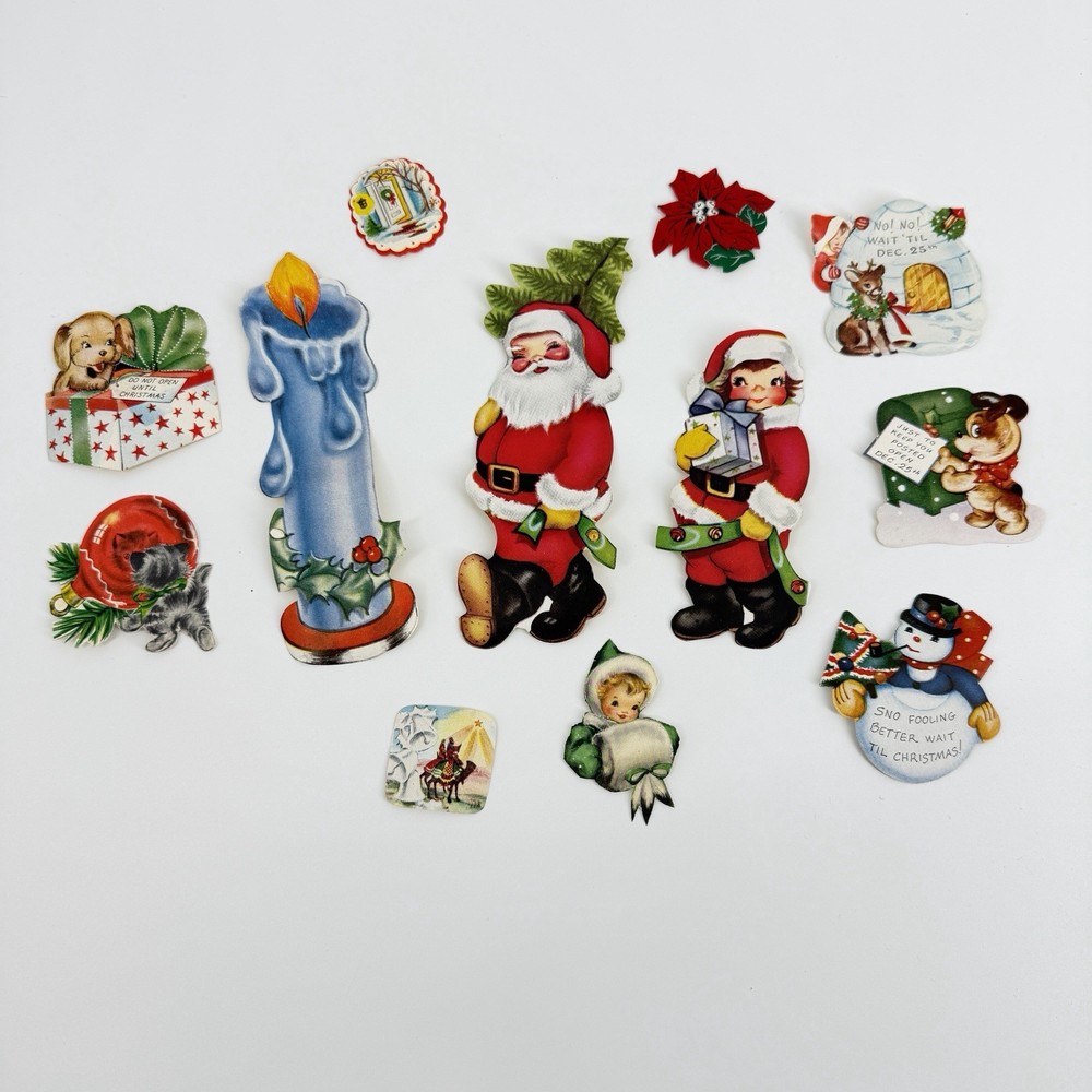 Vintage Christmas Stickers Victorian Santa Angels Lot Candle Dog Elf Kitten Snow
