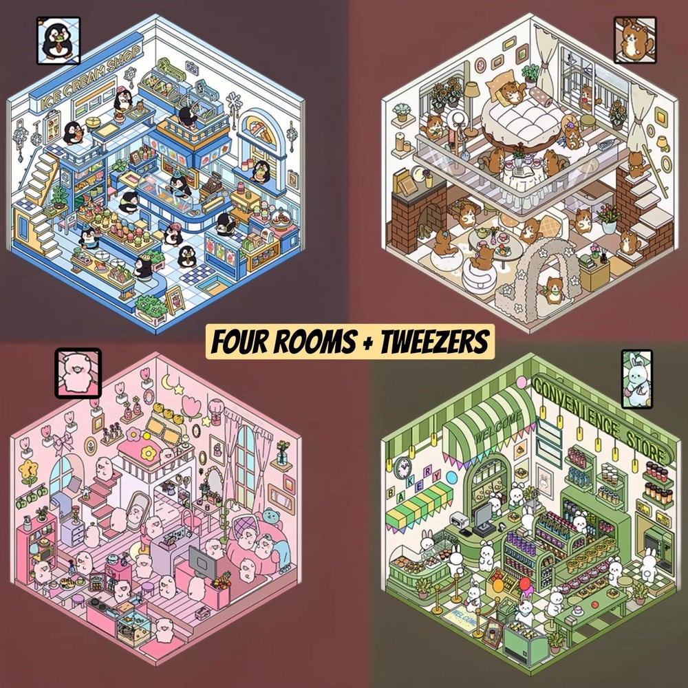 4 (3D) 7.5 X 4.7 Isometric Scene Rooms. Bunny Shop, Loft, and Hut.