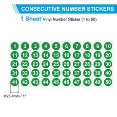 1 to 50 Number Stickers 1 Inch, Consecutive Vinyl Round Labels Dot Decals, Green