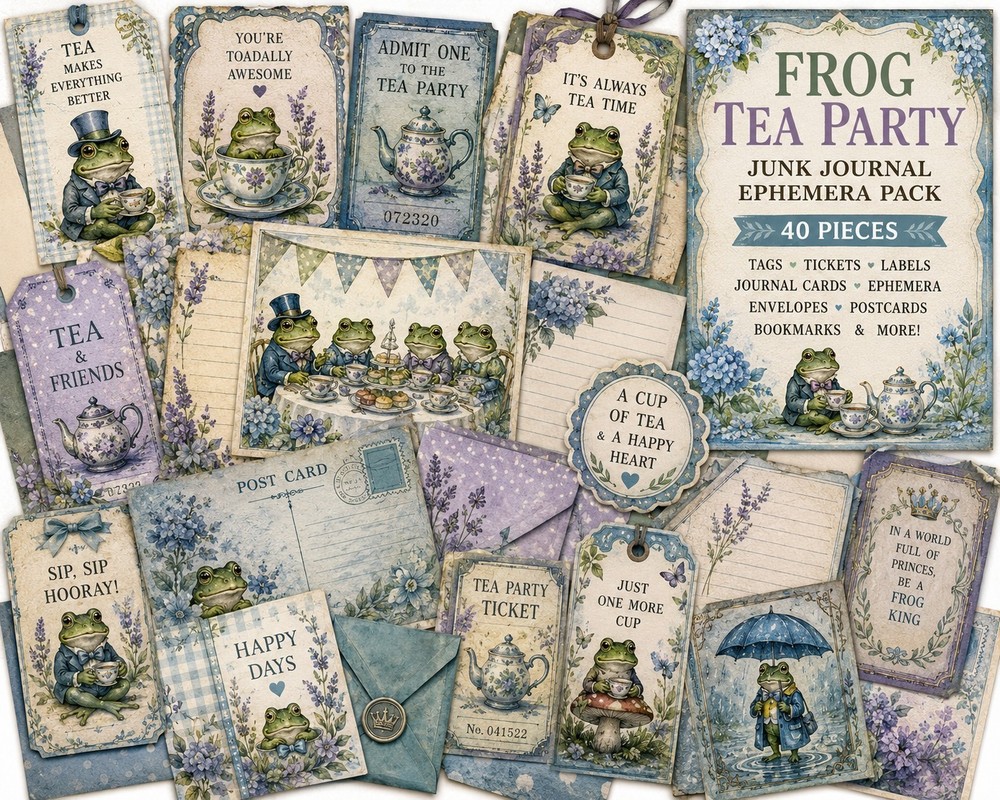 Frog Tea Party Junk Journal Ephemera Pack – 40 Piece Handmade Paper Craft Set