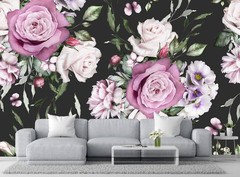 Seamless Pattern of Flowers and Exotic Leaves on a Black Background. Floral R…