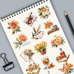 50 PCS Vintage Orange Rose Floral Scrapbook Stickers, Clear Watercolor Fall A…