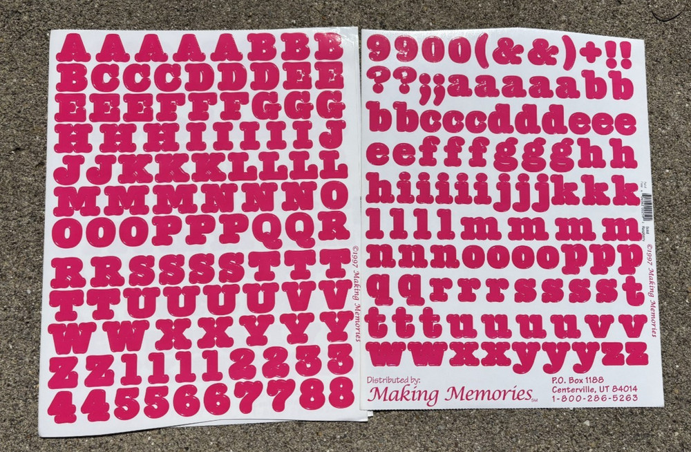 MAKING MEMORIES ABC 123 Alphabet SOLID RASPBERRY 2 8.5 x 11″ Sticker Sheets