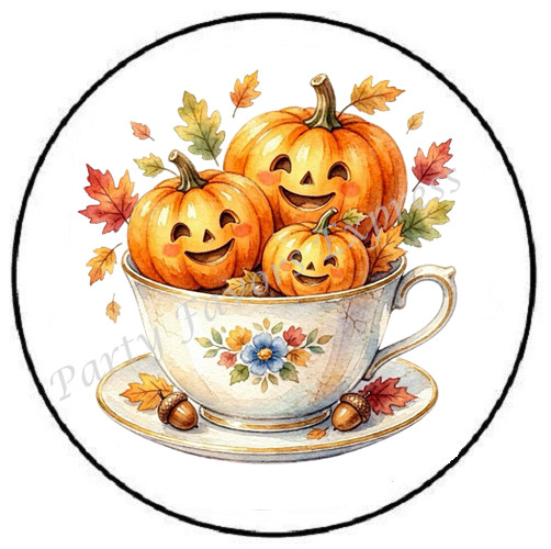 PUMPKINS IN TEA CUP HALLOWEEN ENVELOPE SEALS LABELS STICKERS PARTY FAVORS