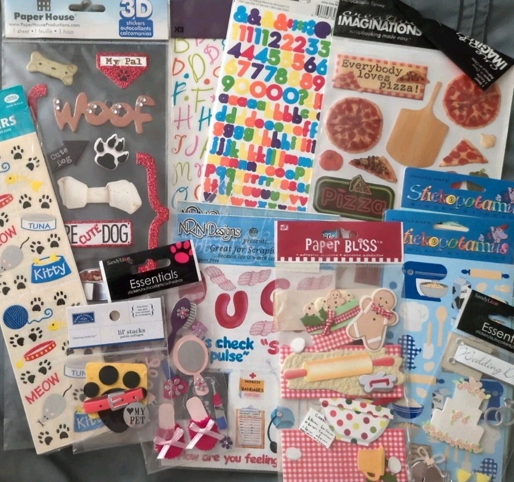 Lot of 13 Regular & Dimensional Scrapbook Stickers Pets Baking Pizza Slippers