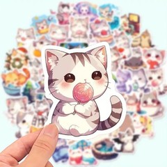Kawaii Cat Stickers, 50 Cute Glossy Vinyl Stickers for Laptop, Gift, Bottles