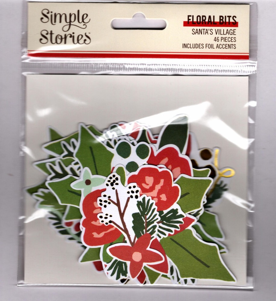 Simple Stories SANTA’S VILLAGE (46pc) DIE-CUT FLORAL BITS with GOLD FOIL ACCENTS