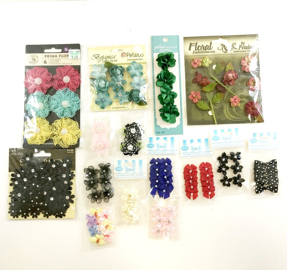Fabric Flowers Bows Embellishment Sticker LOT Jolees Offray Petaloo