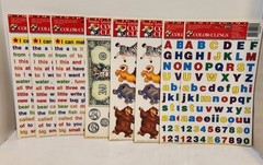 Vtg Window Color Static Clings Sheets Lot of 8, Alphabet, Words, Animals, Money