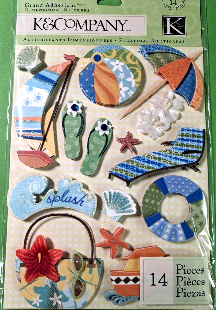 K&Company Grand Adhesions ~ 14 pc Happy Trails Water Fun w/glitter & gems- new
