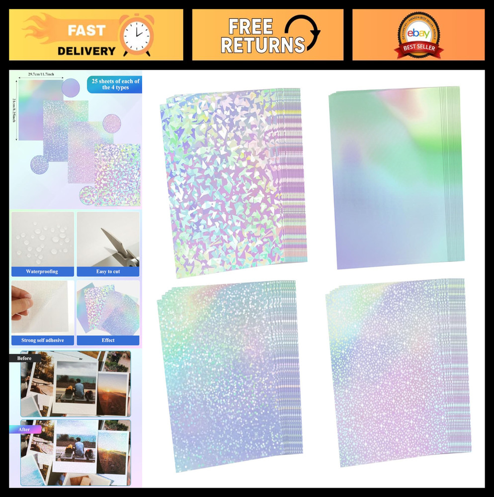 100PCS A4 Holographic Sticker Paper – Self-Adhesive, Waterproof, Gem, Dot, Rainb