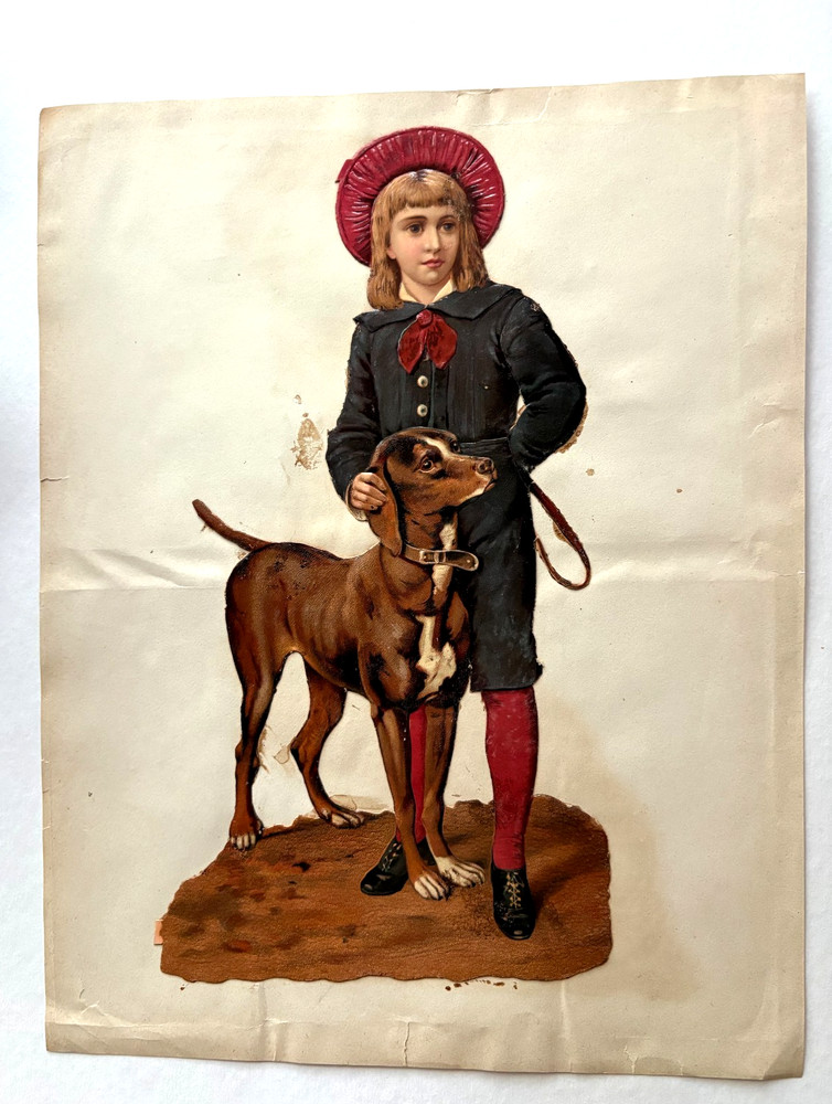 Stunning Large Die Cut on 1800’s -1900’s Scrapbook Page of Boy w/Dog *