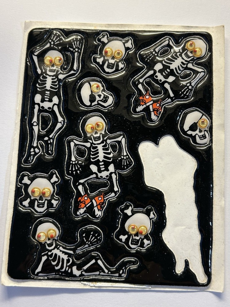 Vtg Hallmark Googly Wiggle Eyes Puffy Skeleton Skull Stickers Halloween Missing1