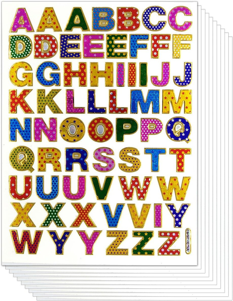 0.5 Inches A-Z Letter 10 Sheets Colorful Alphabet Letters Self-Adhesive Glitter