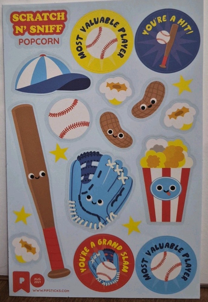 Pipsticks Scratch and Sniff Stickers «Popcorn» Scent, Aug 2021 Baseball Theme