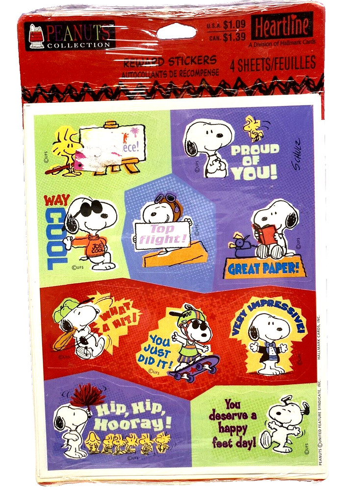Heartline Peanuts Snoopy Stickers Crafting Scrapbook USA Made Hallmark 4 Sheets