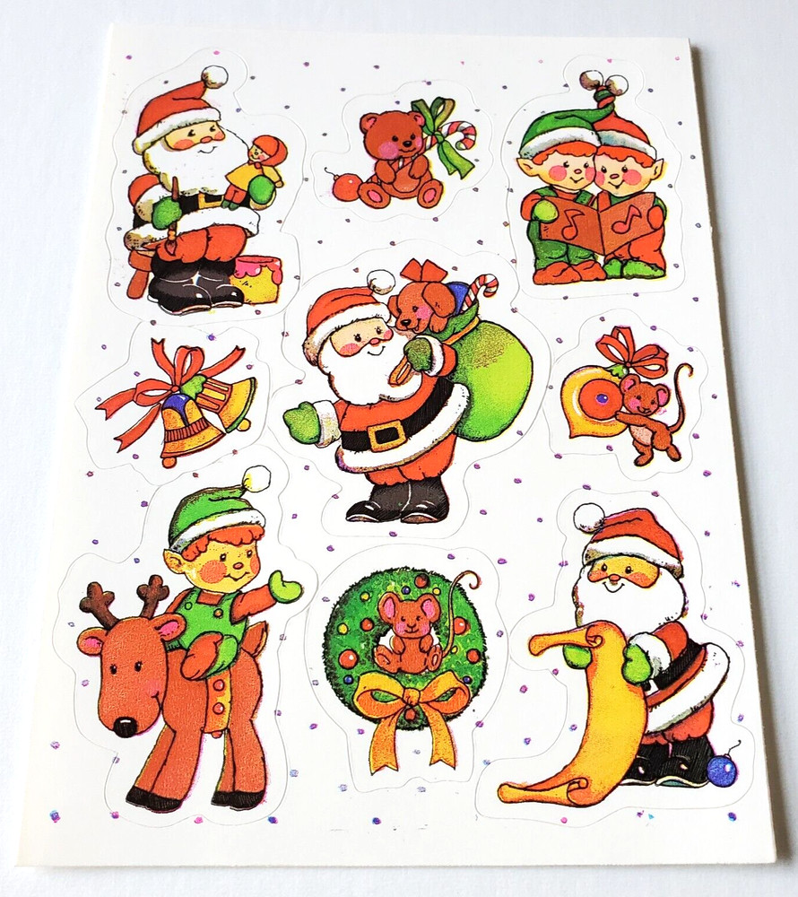 Vintage Sticker Sheet Christmas Santa Claus Elves Mouse Bear Reindeer Bells