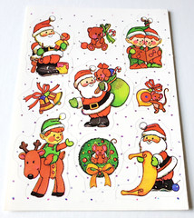 Vintage Sticker Sheet Christmas Santa Claus Elves Mouse Bear Reindeer Bells