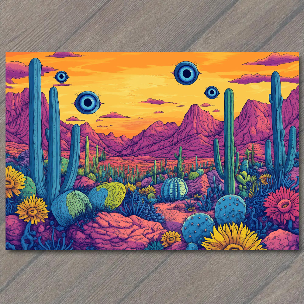 STICKER Trippy Desert Eye Bright Sunset Bold Cactus Flowers Surreal Horizon