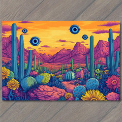 STICKER Trippy Desert Eye Bright Sunset Bold Cactus Flowers Surreal Horizon
