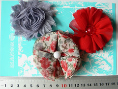 RED, GREY & Floral Mix Organza 3 Flowers – 2 with Centres 60-70mm Manor House