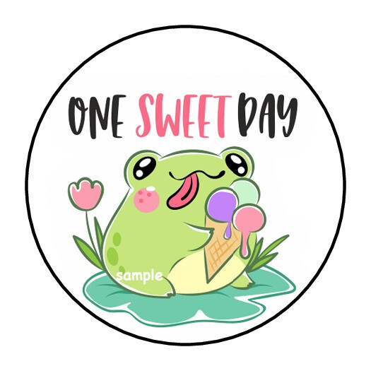 30 ONE SWEET DAY ENVELOPE SEALS LABELS STICKERS 1.5″ ROUND CUTE FROG ICE CREAM