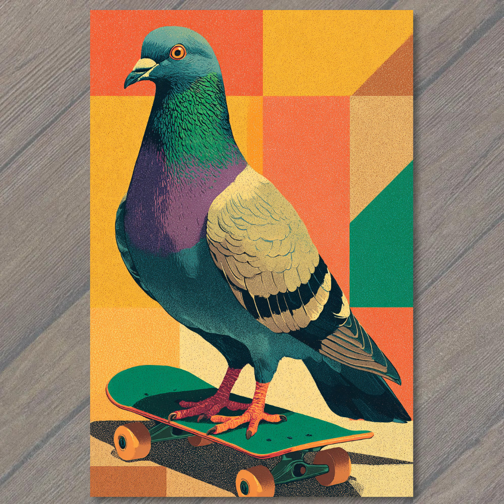 STICKER Pigeon Riding Skateboard Retro Pop Art Funny Bird Urban Cool Design