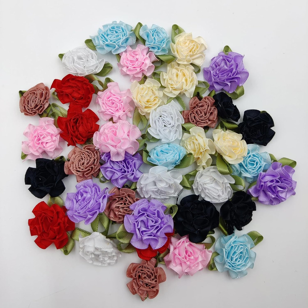 50Pcs Satin Ribbon Roses Fabric Flowers for Sewing Multicoloured Flower Embellis