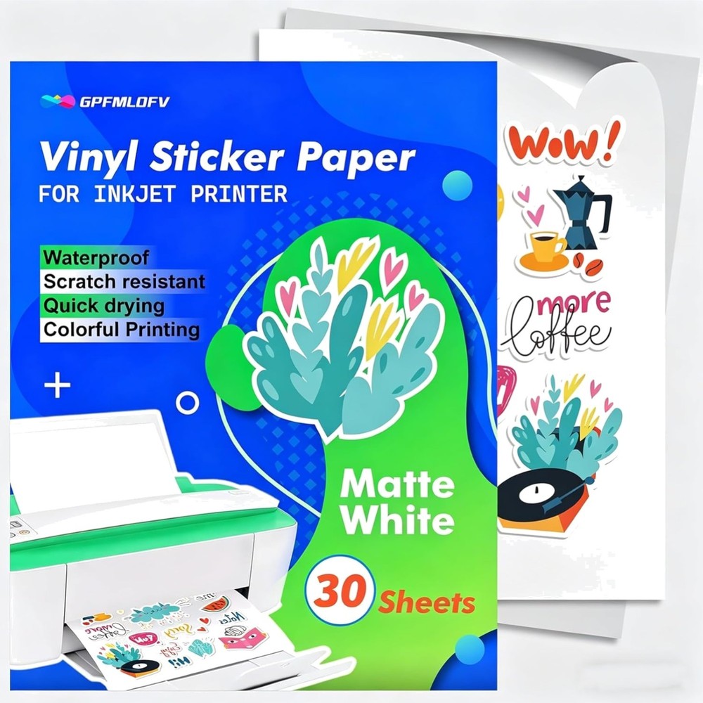 Matte Sticker Paper 30 Sheets Waterproof Inkjet Printable 8.5″ x 11″