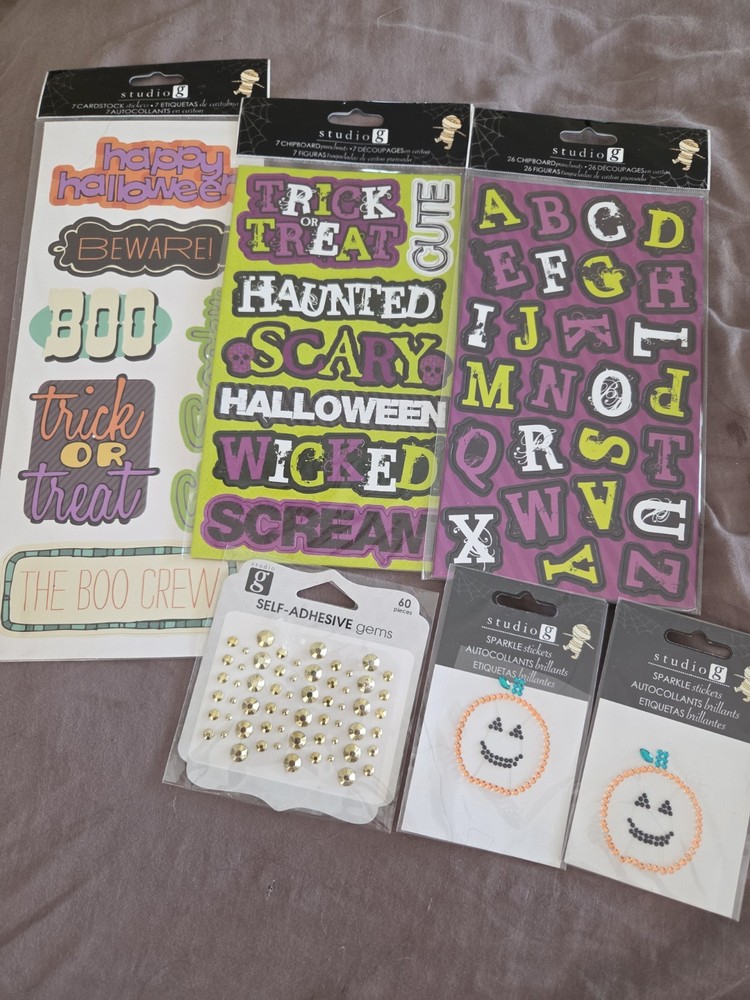 Studio G Halloween Scrapbook Kit Lot 6PC Chipboard Stickers Gems Pumpkin