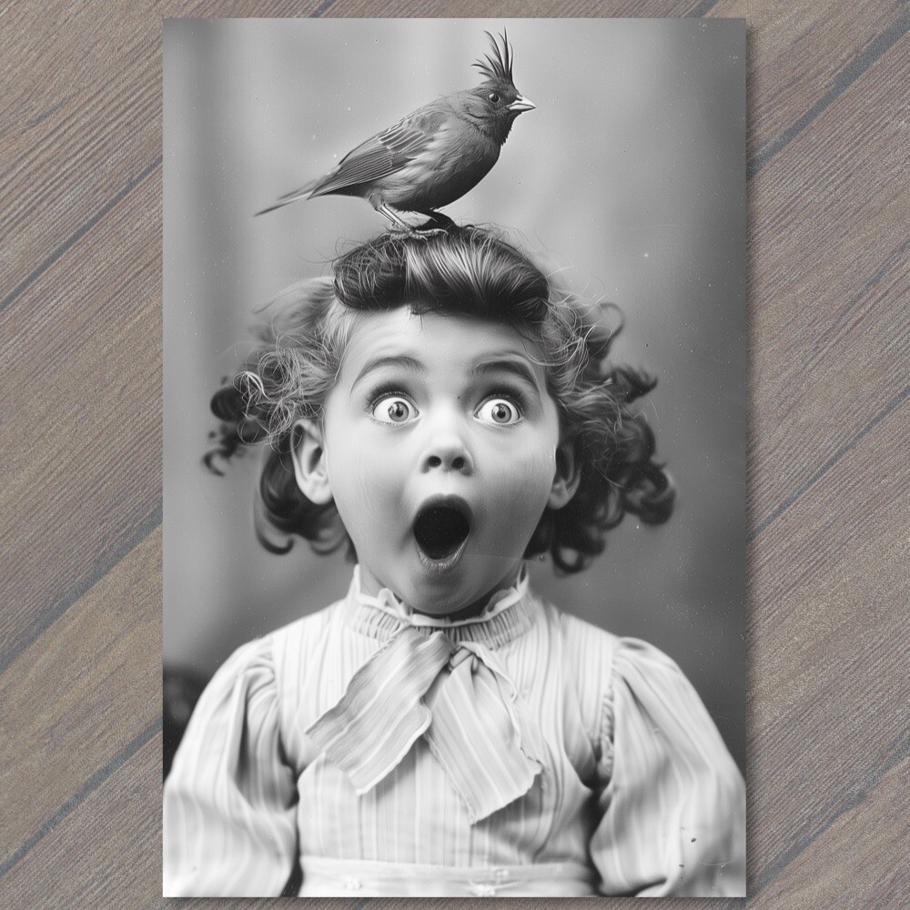 STICKER Young Girl With Bird On Head Surprised Funny Giant Smile Happy Cute Fu