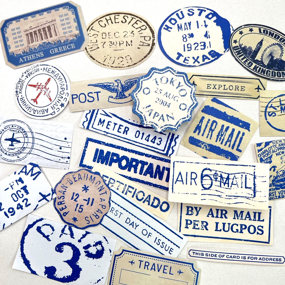 Travel Air Mail Stickers Cancel Stamp Vintage Style Collage Junk Journal
