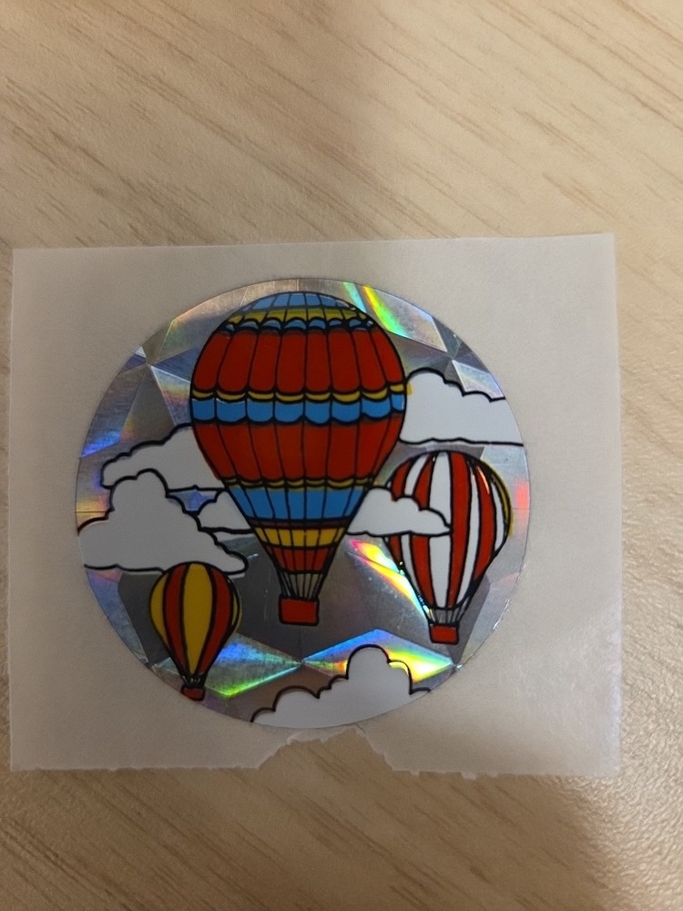 Vintage 1980s 1.5″ Hot Air Balloons in Clouds Mylar Foil Prism Sticker
