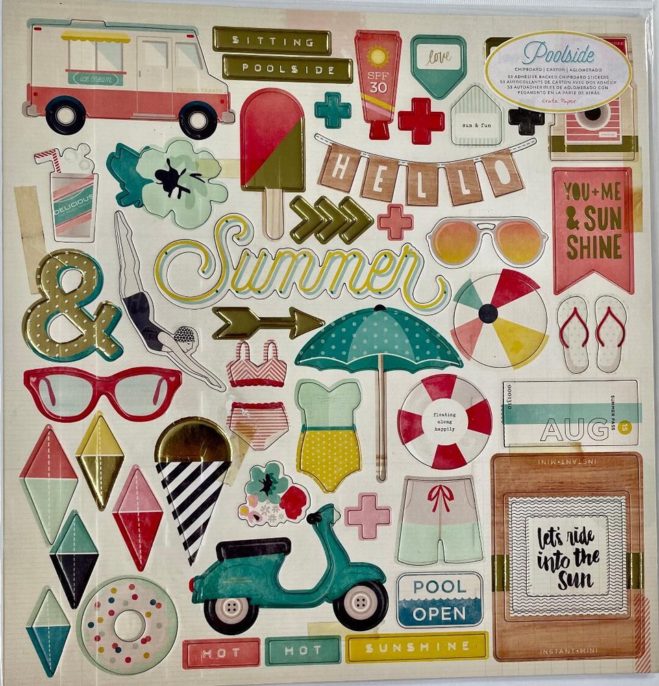 American Crafts Crate Paper Poolside Chipboard Stickers w/Gold Foil Accents 12″