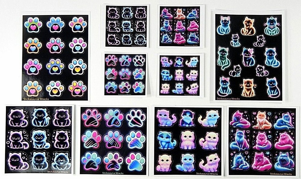 Neon Cats & Kittens Or Paws Sticker Sheet *You Choose*
